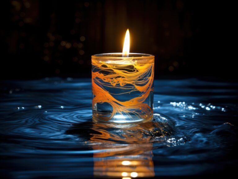 a close up of a lit candle in a glass of water with a reflection on the surface of the water and the light reflecting off of the candle in the water.